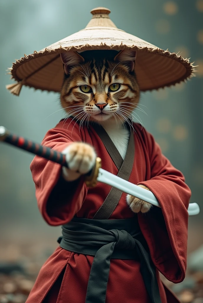Create an image of a cat standing upright in traditional East Asian attire, wearing a wide bamboo hat on the head, wielding a sword with its right paw extended forward in an assertive stance ( Close-up of the face ), set against a misty backdrop to convey an atmosphere of ancient martial arts mastery.
