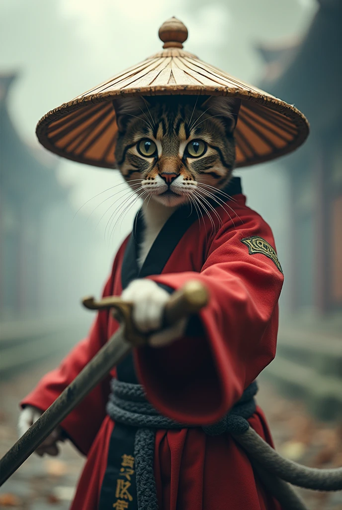 Create an image of a cat standing upright in traditional East Asian attire, wearing a wide bamboo hat on the head, wielding a sword with its right paw extended forward in an assertive stance ( Close-up of the face ), set against a misty backdrop to convey an atmosphere of ancient martial arts mastery.