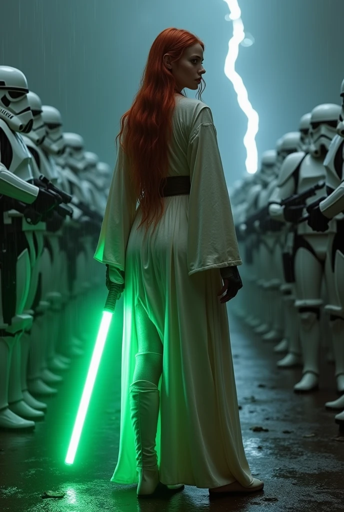 (full body shot:1) photorealistic image of a (standing pose:1) woman, ultrarealistic, photography, long red hair, woman, 24 years old, hourglass figure, perfect body, seductive look, natural medium breasts, blur background, in complete darkness, she is wearing a light jedi robe, she is holding a green lightsaber, the lightsaber is the only lightsource, on a dark destroyed space colony outside, it is raining, there is lightning in the background, she has her back to the camera, she is facing an army of stormtroopers in front of her with their weapons drawn and pointing their weapons at her, she looks into the camera, long sexy legs, wet clothes, wet hair