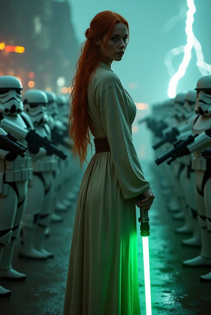 (full body shot:1) photorealistic image of a (standing pose:1) woman, ultrarealistic, photography, long red hair, woman, 24 years old, hourglass figure, perfect body, seductive look, natural medium breasts, blur background, in complete darkness, she is wearing a light jedi robe, she is holding a green lightsaber, the lightsaber is the only lightsource, on a dark destroyed space colony outside, it is raining, there is lightning in the background, she has her back to the camera, she is facing an army of stormtroopers in front of her with their weapons drawn and pointing their weapons at her, she looks into the camera, long sexy legs, wet clothes, wet hair