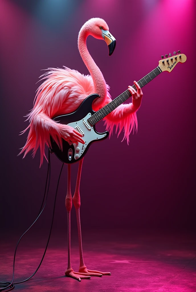 A flamingo posed like a rock star, its body seamlessly blending into an electric guitar. The neck is extremely long and curved like the flamingo's. The bird's head forms the headstock with tuning pegs as feathers. Its legs are the guitar stand. Amp cords plug into its feet. Set against a neon-lit stage backdrop. Use vibrant pink and metallic tones. Retro 80s aesthetic with a touch of photorealism.