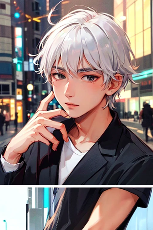 ((masterpiece)), (((best quality))), chromatic lighting,
colorized, white + black limited color palette,
detailed concept drawing,
Shibuya street fashion guy, no weird object on his face,
portrait, 20yo 1guy, slender, wide pants, short white hair, black eyes,