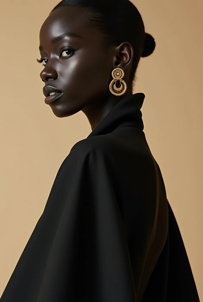 black model wearing gold thin jewelry inspired by the film Dune aesthetic, modern total black look, soft and delicate jewelry design, light beige studio background, sophisticated elegance, light beige color palette, fashion photography, highly realistic, captured on Phantom High Speed camera