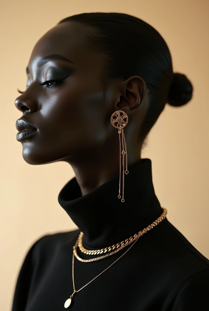 black model wearing gold thin jewelry inspired by the film Dune aesthetic, modern total black look, soft and delicate jewelry design, light beige studio background, sophisticated elegance, light beige color palette, fashion photography, highly realistic, captured on Phantom High Speed camera