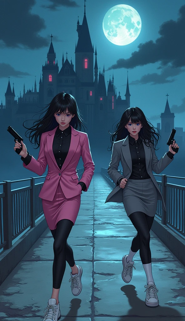 Two girls, yuri,(The first girl wear a pink suit, black shirt, pink pencil skirt, black tights, white socks, white sneakers) and (The second girl wore a grey suit, black shirt, grey pencil skirt, black underpants, black tights, white socks, white sneakers), holding a handguns, running to long bridge, entry of the vampire castle, fantastic dark night sky, novel cartoon, 4K, HD