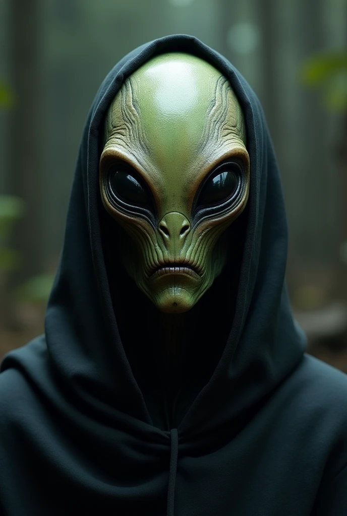 Alien man with completely dark eyes, t, an alien bosque from the bottom