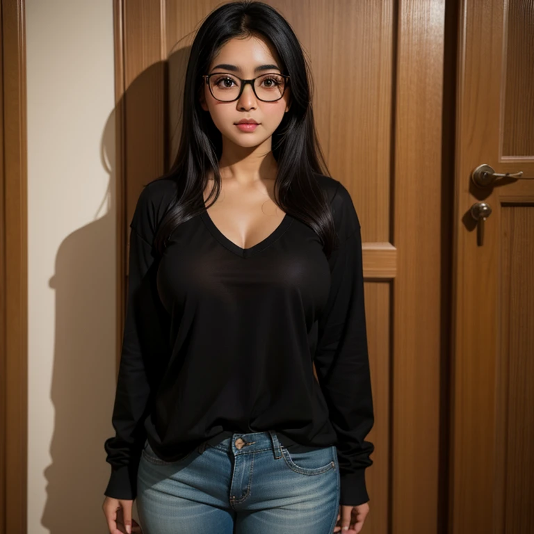 beautiful detailed, cute face, short, mexican , medium black hair, black hair over one eye, glasses, long-sleeved tucked in v neck T-shirt, long pants, solo, voluptuous breasts, full body photo.