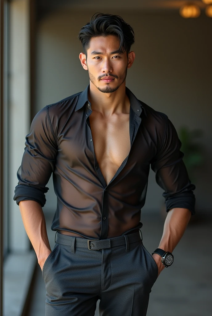 Asian man(korean,vietnamese,chinese,Japanese), 20 years old, Handsome and elegant,beardless, Wearing a transparent shirt, sexy , Masculine and handsome,musculous,Muscles look good,hairy bodies, with fair skin,, Full body photo,(ultra-detailed, photorealistic, best quality, 4k, 8k, highres, masterpiece:1.3), charming , (muscular build body), wearing tailored shiny dress shirt, with the top button casually undone, perfectly fitted charcoal trousers, sweat, unbutton buttons shirt, lewd face ,tight chest, sex, erotic, horny, Accessories include a luxury wristwatch , in crowded places,looking at viewer,muscle veins, sexy posing,lying on the ground,top view,Wet shirt reveals muscles,No underwear,lewd smile