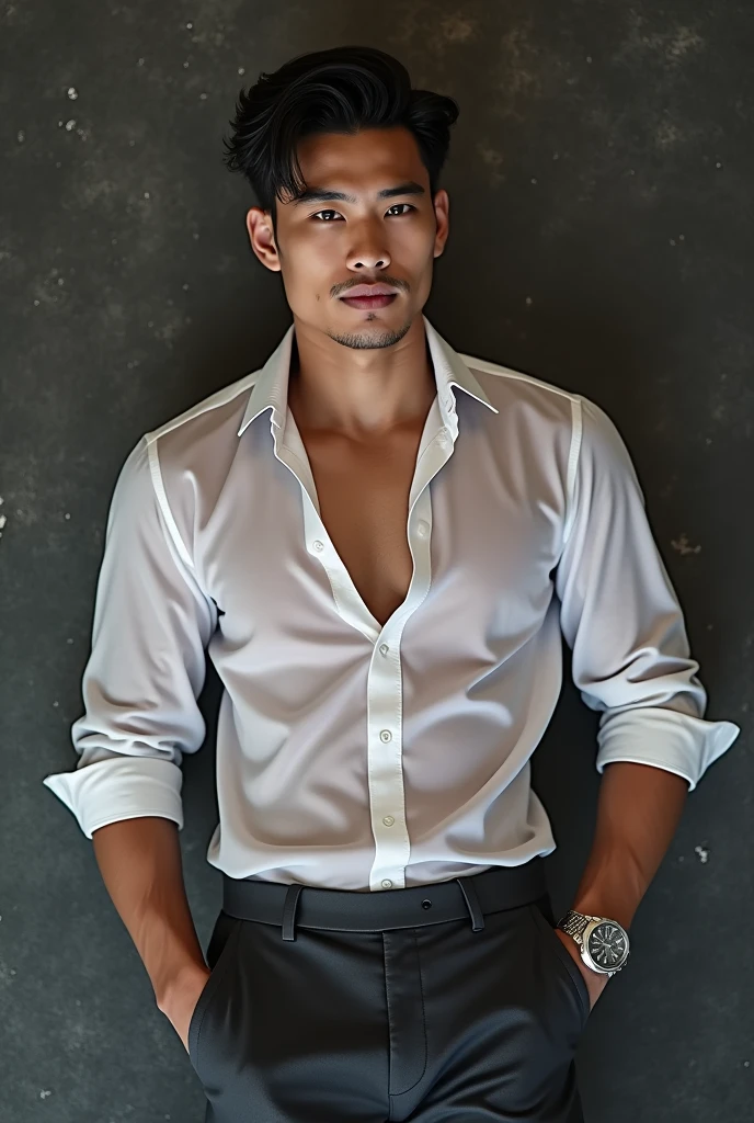 Asian man(korean,vietnamese,chinese,Japanese), 20 years old, Handsome and elegant,beardless, Wearing a  transparent shirt, sexy , Masculine and handsome，musculous，Muscles look good，hairy bodies, with fair skin,, Full body photo,(ultra-detailed, photorealistic, best quality, 4k, 8k, highres, masterpiece:1.3), charming  , (muscular build body), wearing tailored shiny  dress shirt, with the top button casually undone, perfectly fitted charcoal trousers, sweat, unbutton buttons shirt, lewd face ,tight chest, sex, erotic, horny,  Accessories include a luxury wristwatch , in crowded places,looking at viewer,muscle veins, sexy posing,lying on the ground,top view,Wet shirt reveals muscles,No underwear,lewd smile