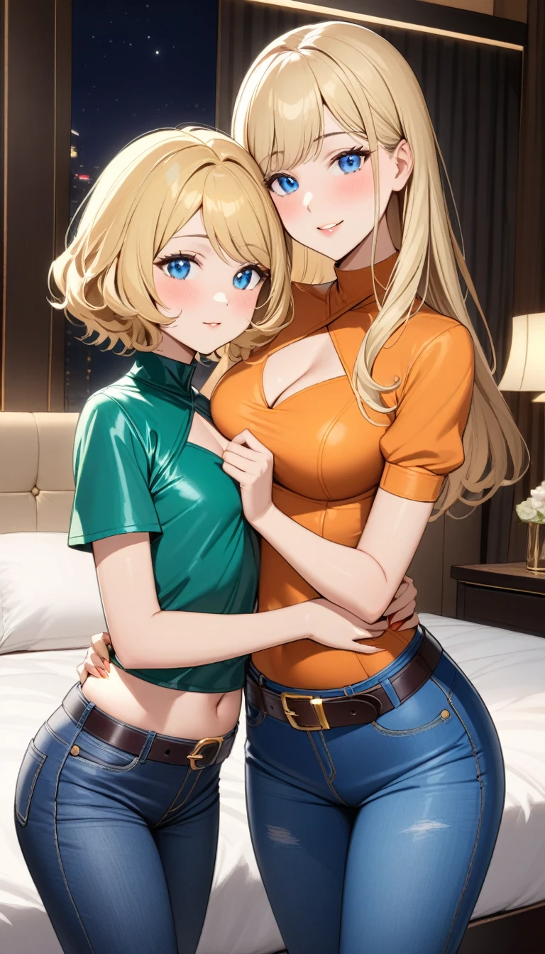 Two beautiful ladies ((lady 1: 35y old mom, with short straight blonde hair, lady 1 with blue eyes and caucasian skin, lady 1 wearing Tight Jeans and Leather Belt, lady 1 Sexy Criss Cross Mock Neck Short Sleeves Orange Blouse)), ((lady 2: 13y old daughter, with short straight blonde hair, lady 2 with blue eyes and caucasian skin, lady 2 wearing Tight Jean Shorts and Leather Belt, lady 2 Sexy Criss Cross Mock Neck Short Sleeves Green Blouse)), luxurious jewelry, 18k gold wedding ring on left hand, standing in their bedroom at night, hugging and kissing each other, (light brown lipstick), (elegant mascara), (slim body), (small breasts), (wide hips), endjourney, <lora:GoodHands-, <lora:GoodLegs-, UHD, high resolution, (expressive eyes, perfect face, full body, expressive face, perfect body, perfect pussy, athletic, fit, slim body, blushing, Perfect makeup, eyeliner, beautiful eyelashes, smiling, horny face), ((best illumination, best shadows)), ((sexy pose)), ((Front pov:1.1))