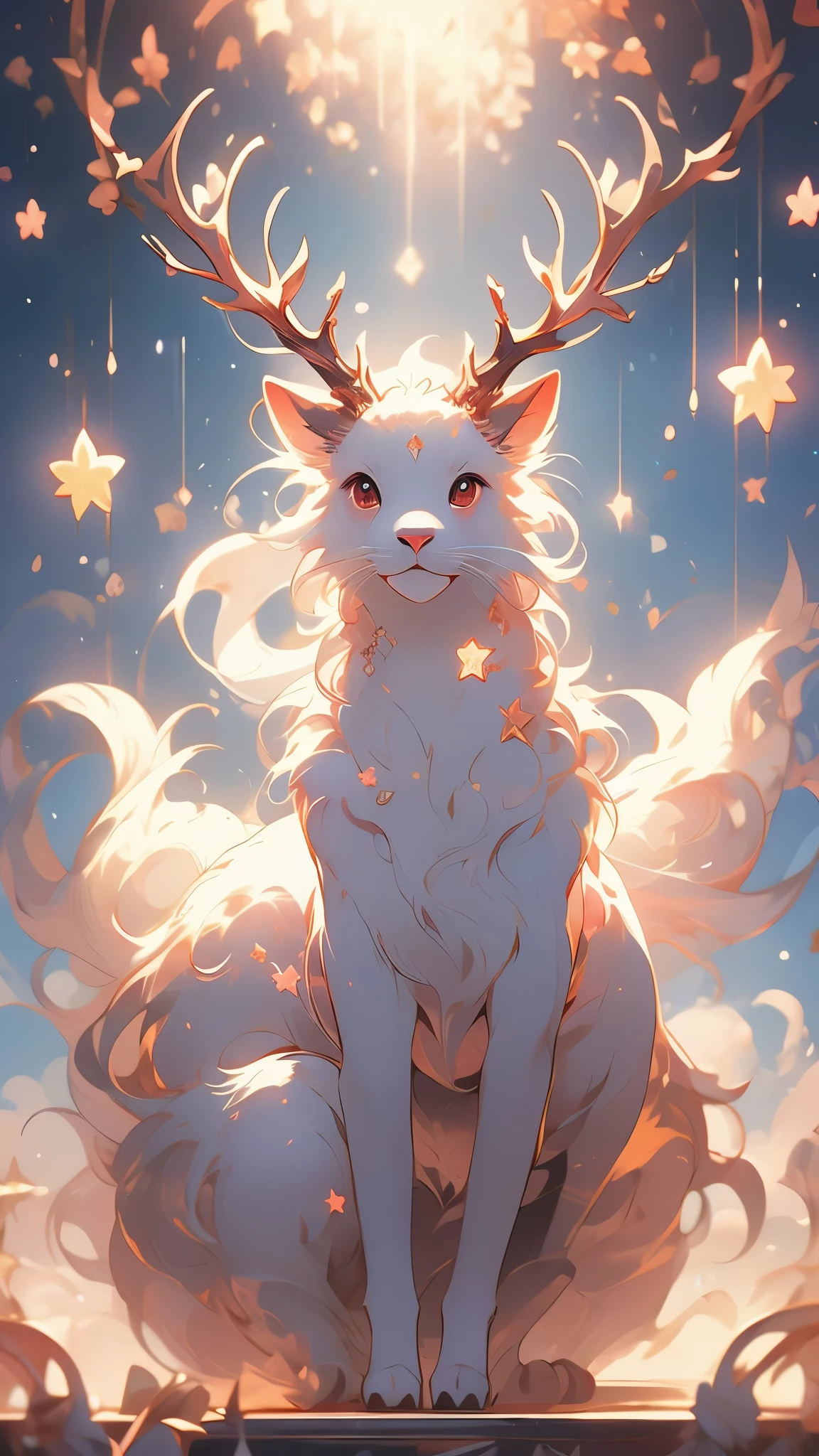 (best quality,4K,8K,high resolution,masterpiece:1.2), Deer in the Clouds,The Gate of the Universe,Fluffy as a cloud, tiny stars, Fantasy illustration, Dreamy colors,Illustration style.Vibrant colors