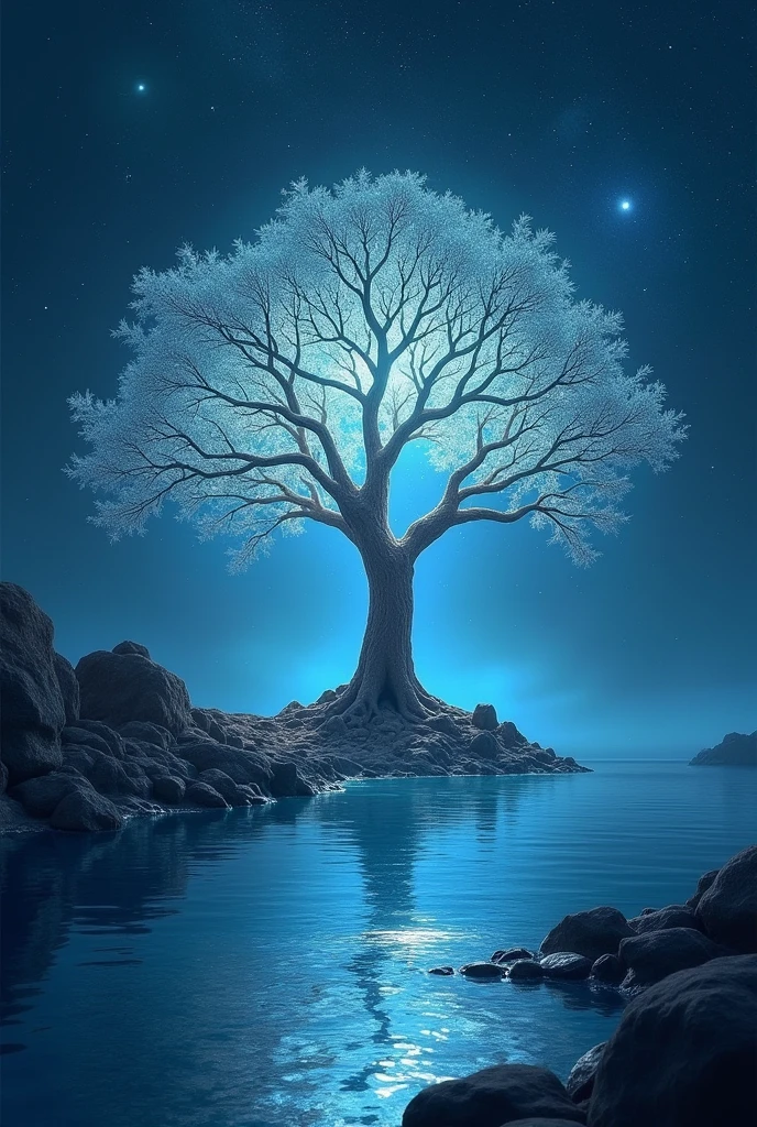 Shining Sacred Tree，Noble，Clear water flowing beside a sacred tree，The background is a starry sky，Mysterious atmosphere，Different world，High-definition depiction，8k．