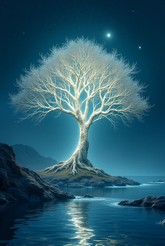 Shining Sacred Tree，Noble，Clear water flowing beside a sacred tree，The background is a starry sky，Mysterious atmosphere，Different world，High-definition depiction，8k．