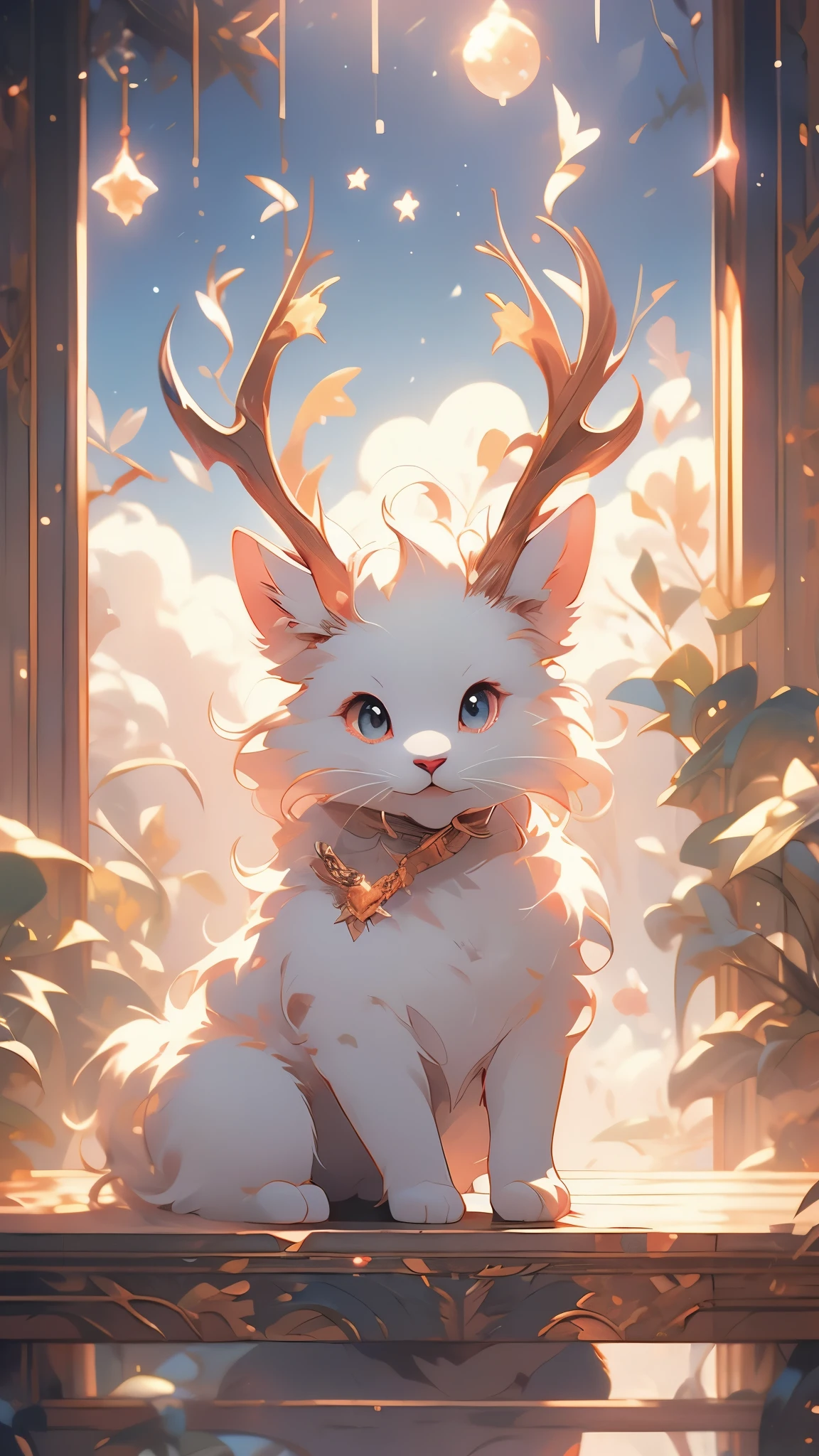 (best quality,4K,8K,high resolution,masterpiece:1.2), Deer in the Clouds,The Gate of the Universe,Fluffy as a cloud, tiny stars, Fantasy illustration, Dreamy colors,Illustration style.Vibrant colors