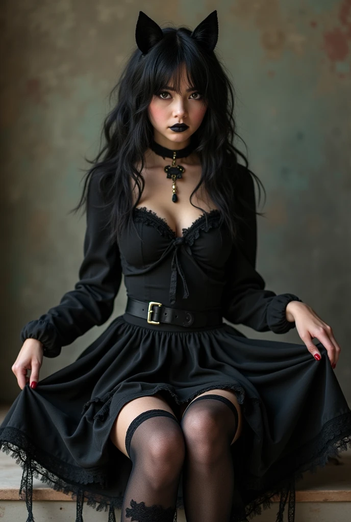 Young gothic girl in stockings and wearing a dog collar, sitting on 4 and I lift her skirt