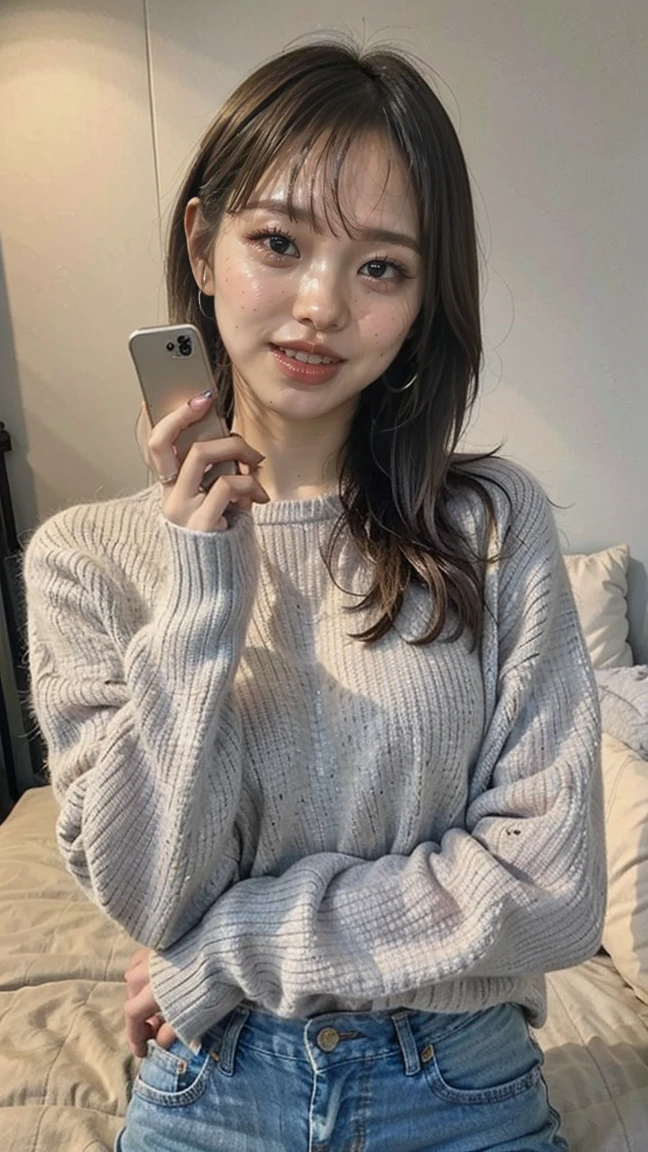 A young girl taking a selfie with her smartphone, smiling confidently. She has long, wavy brown hair, and is wearing a casual outfit consisting of a light-colored sweater and jeans. The background shows a cozy, modern bedroom with soft lighting and pastel-colored walls. The girl holds the phone slightly above eye level, tilting her head slightly to the side for the perfect angle. Her expression is cheerful and relaxed, capturing a candid, natural moment