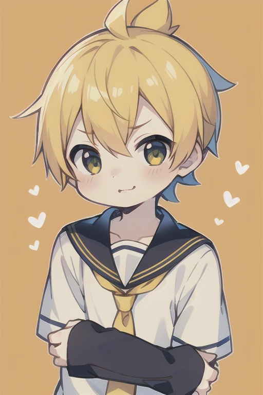 Highest quality, (high quality),eye highlights,arms are thin, thin body,own hands together,face,from front,(portrait),((very short hair)),look at viewer,droopy eyes,smile,Pouting mouth,open your mouth and laugh,(((chilled boy))), (1 boy),kagamine len,yellow hair, spiked_hair,ponytail,black_sailor_collar, arm_warmers, white_shirt, necktie, yellow_necktie, sailor_collar, male_focus, short_sleeve,illustration,anime style,heart background,