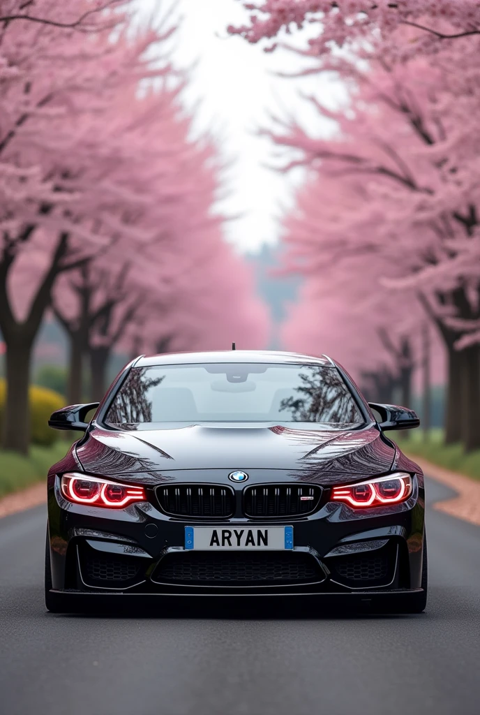 FULL BLACK BMW M4 WITH BLACK GLASS WITH RED HEADLIGHT IN SAKURA TREE ROAD WITH NUMBER PLATE NAMED ARYAN FULLY REALISTIC