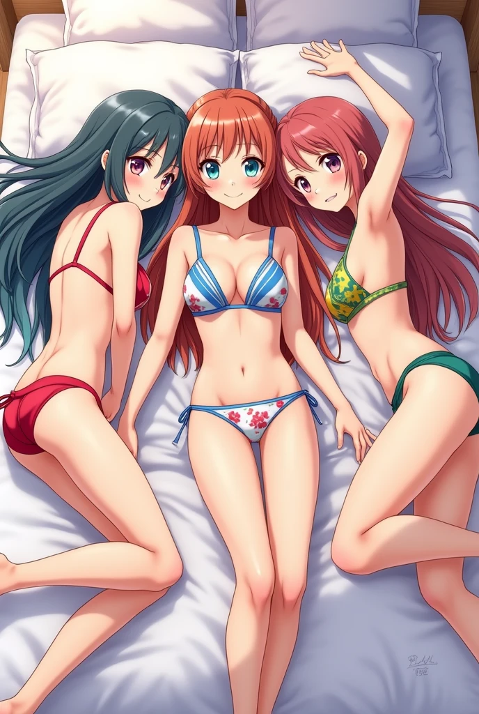 (photorealism:1.2), love live style, three beautiful anime sketch girls, lying on bed, wearing bikinis, sketch, lineart, anime girls, lineart, full body