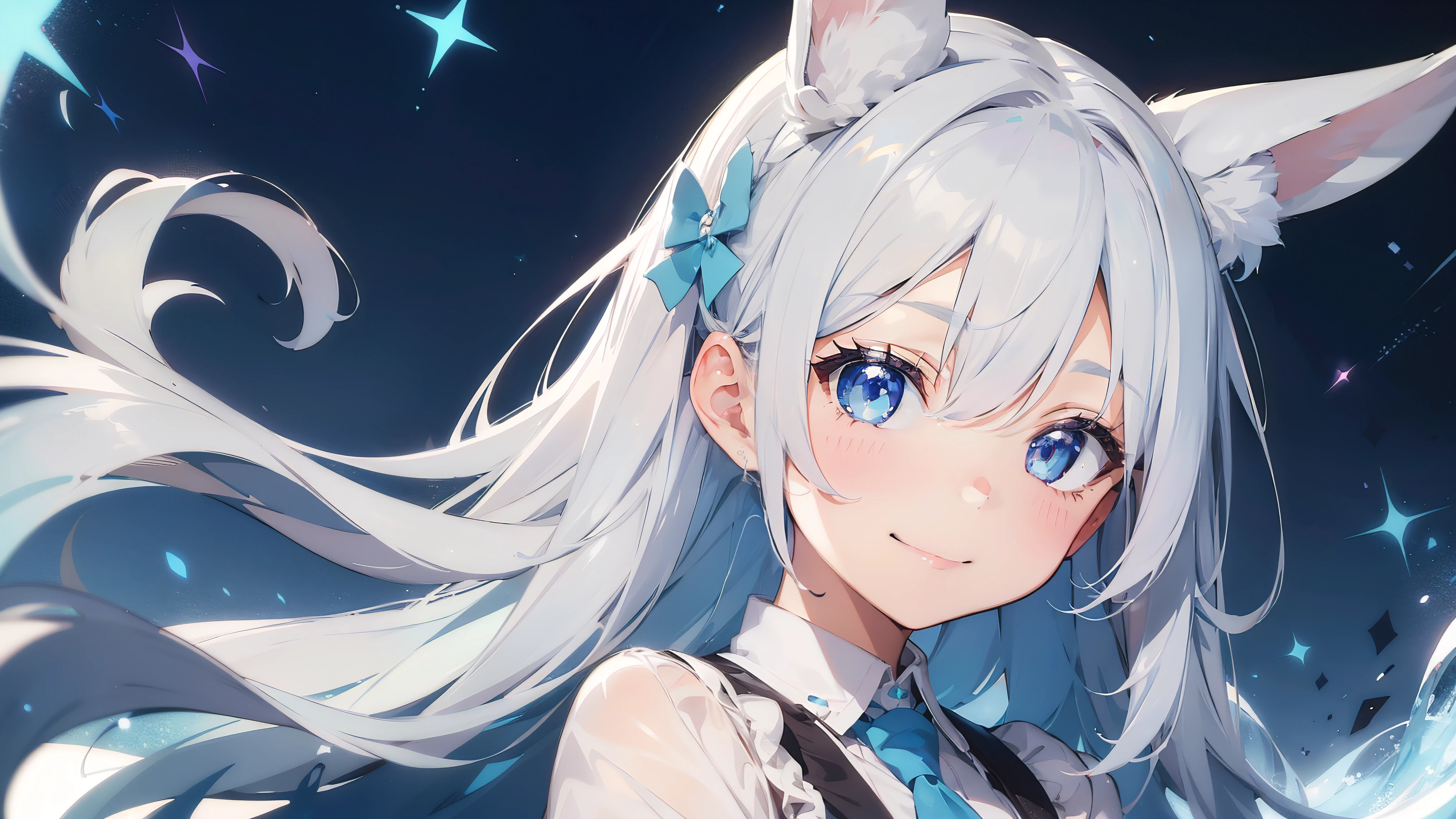 Highest quality, pretty girl, pastel colour, Fluffy bunny ears, smile、Silver Hair,Blue colored eyes,Background is solid color,pop、colorful,wallpaper style