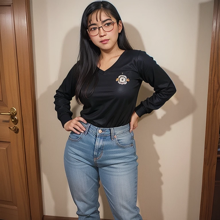 beautiful detailed, cute face, short, mexican , medium black hair, black hair over one eye, glasses, long-sleeved tucked in v neck T-shirt, long pants, solo, voluptuous breasts, full body photo.