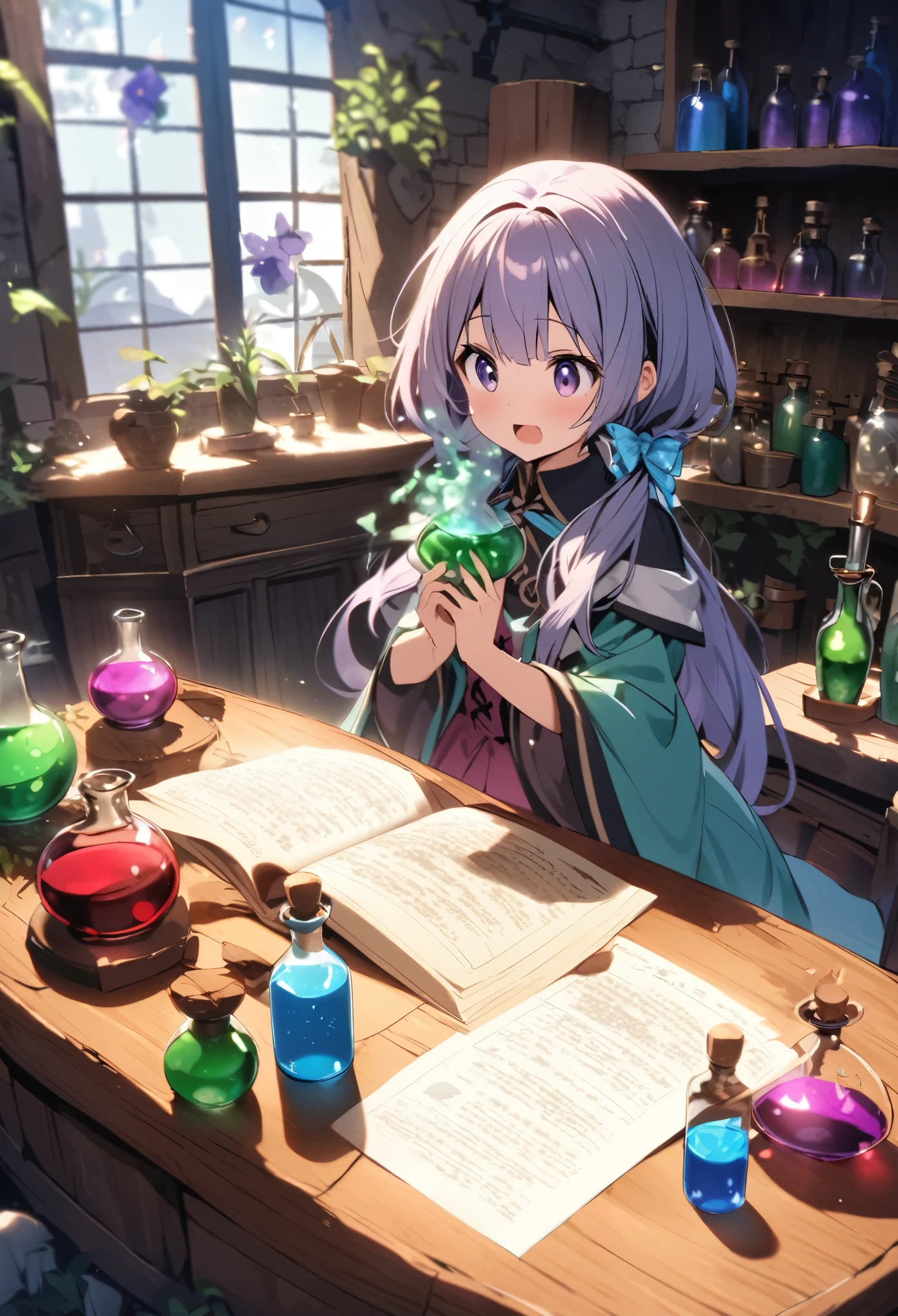 There is a young girl standing in front of a table., Magical Laboratory Setting, she is in the potions workshop, Wizard&#39;s Laboratory, Put a spell on the potion, fantasy alchemist laboratory, Magic Lab Background, Alchemy Research Institute, He is in the alchemist&#39;s laboratory,  Has magical powers, Making medicines, Cast a spell, Magic Potion, Magic shop, large hall, large table, wand, flask, colorful liquids, distillation, distillation equipment, coffee cup, mysterious atmosphere, open air, light from large windows, wooden structure, wizard's clerk, wizard girl holding a cane, small animals, bright colorful lighting, warm lighting, fantasy, magic circle, fantastic lamps hanging from the ceiling, old-fashioned mansion