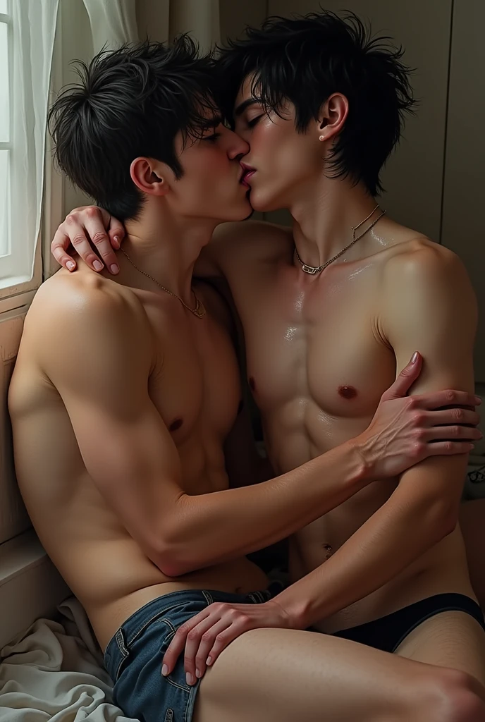 twink, gay, emo, wearing no shirt, Unclothed, big-ass, sitting sensually on the lap of another gay emo, naughty man, sexly, very sweaty, hair in the armpit, just in underwear, a lot of sweat indeed, quite, panting, sex, Tongue kiss, sex gay. Muito sexly tesão