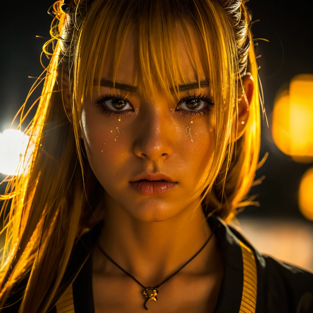 Realistic, Extreme close up, Create an image of an intense anime character man long hair, a little cleavage, with spiky, golden-yellow hair. Holding samurai, The character appears to be in a dramatic moment, with tears streaming down her face and a determined expression. She is wearing a traditional Japanese-style outfit with a distinctive orange and black pattern. The background is dark and dynamic, with sparks, yellow lighting, thunder and energy surrounding the character, enhancing the intense atmosphere.