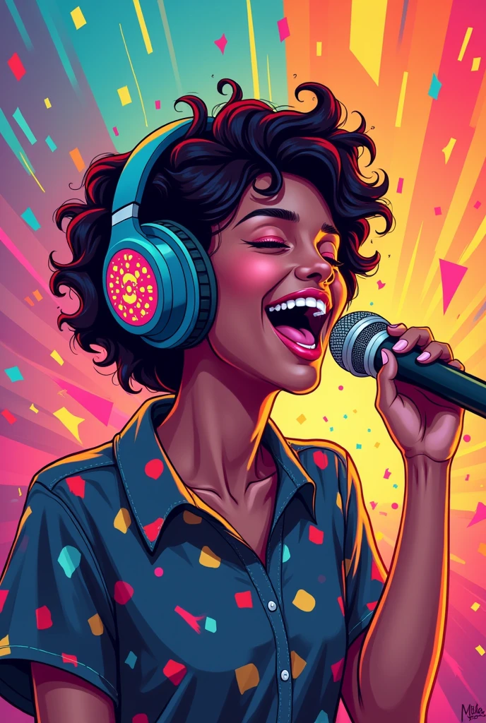 Make me a musical jingle art with the image of a person singing and with headphones on their head 

