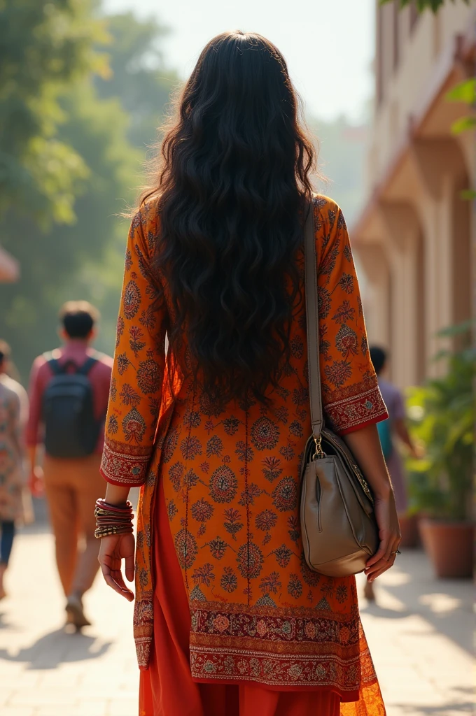 Create an image of a woman viewed from the back. She is wearing a traditional kurti and salwar. Her long, thick, slightly wavy hair is visible from the back. She is carrying a bag on her back. The design of the bag, kurti, and salwar should be clear. The background should suggest a college environment, indicating that she is heading to college.