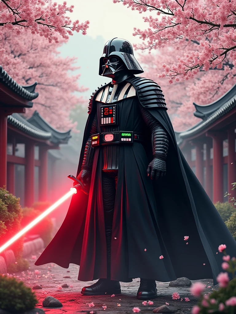 Create a detailed illustration of Darth Vader reimagined as a samurai warrior. He should be dressed in traditional samurai armor with black and red accents, inspired by his original design. His helmet should combine elements of his iconic mask with a samurai kabuto, including a menacing crest. Replace his cape with a haori, and have him wield a katana with a glowing red blade, merging the aesthetics of a lightsaber with a traditional Japanese sword. Set him in an ancient Japanese temple garden, with cherry blossoms gently falling, blending the essence of a Sith Lord with the honor of a samurai