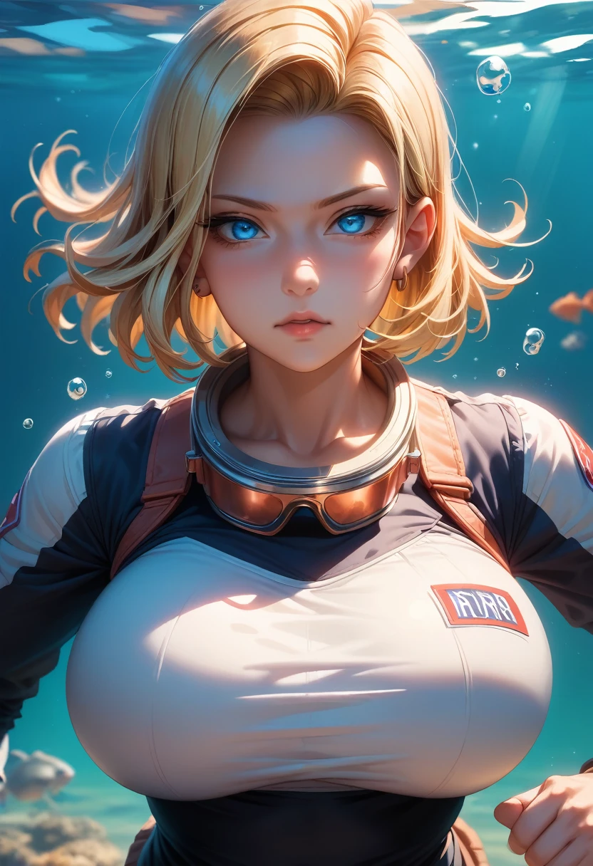 （（（完美shape，shape，alone， （（（Scuba Diving Costumes、Underwater goggles、Oxygen cylinder））），（（（AND18, Android 18, Blonde, blue eyes, short hair, ））），((masterpiece)),High resolution, ((Best quality at best))，masterpiece，quality，Best quality，（（（Detailed face、Detailed eyes、 shame、Exquisite facial features，There is light in the eyes、shame、(（（anger，Severe））)，））），型shape:1.7））），（（（Light and shadow，Huge ））），（（（Looking at the audience）））、((Best Shot))、((Sea:1.2))
