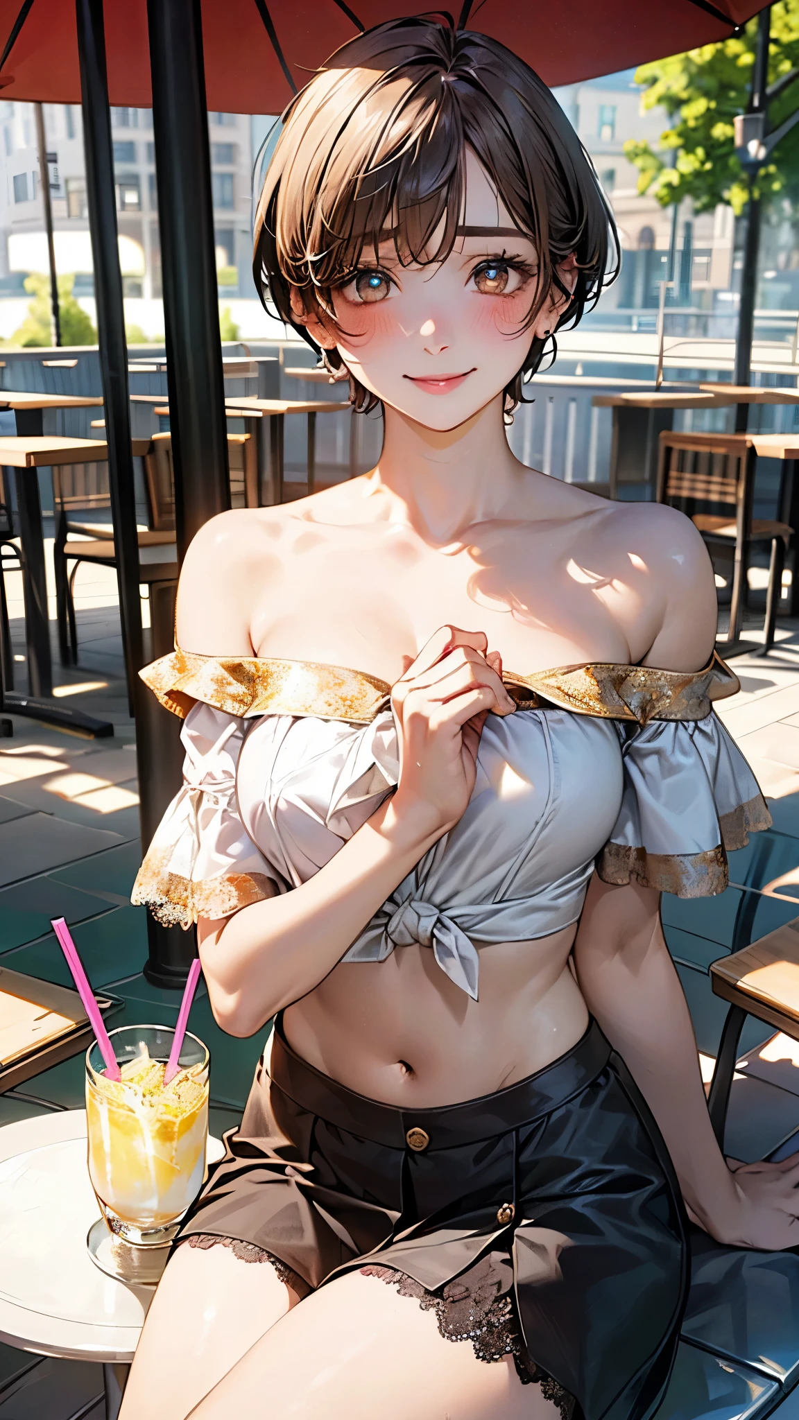(masterpiece:1.2, top-quality), (realistic, photorealistic:1.4), beautiful illustration, (natural side lighting, movie lighting), depth of fields, nsfw, 
beautiful detailed hair, beautiful detailed face, beautiful detailed eyes, beautiful clavicle, beautiful body, beautiful chest, beautiful thigh, beautiful legs, 
looking at viewer, 1 girl, 12 years old, (perfect anatomy, anatomically correct, super detailed skin), cute and symmetrical face, perfect face, perfect eyes, 
(very short hair, pixie cut hairstyle, light brown hair), bangs, gold eyes, big eyes, long eye lasher, (large breasts, seductive thighs), perfect body, shiny skin, pink skin, 
(detailed cloth texture), break (short sleeve puff sleeve off shoulder white lace blouse, midriff:1.1), break mini skirt, break 
(beautiful scenery), noon, (fashionable cafe terrace, outdoors, white parasol, sunlight), sitting at terrace seat, ((drinking lemonade)), (lovely smile, moist eyes, blush), 
