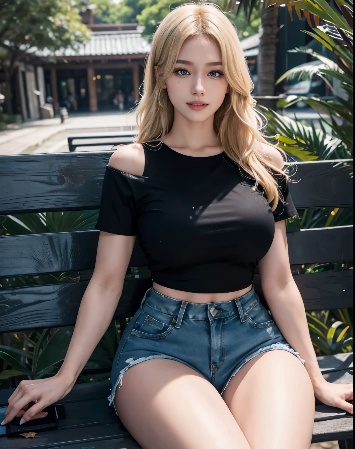 1girl, (Blue Eyes), (smiling :1.2), (big tits :1.1), (big ass), (thin waist :1.2), (thick thighs), (toned legs :1.1), muscle, (Best Quality, 8k, Masterpiece: 1.3), Clear Focus: 1.2, Perfect Body Beauty: 1.4, (strong abs), Highly detailed face and skin texture, detailed eyes, double eyelids, (shiny skin :1.2), (blonde long hair :1.3), (black t-shirt :1.2), (denim shorts :1.2), sitting on a bench, ((showing her legs :1.2)), in a japanese park
