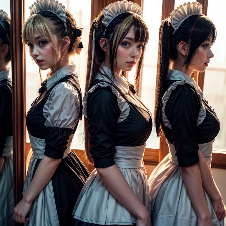 (Extremely Detailed((Kawaii Maid Group in a row:1.37))), Childish perfect face, Reflective Eyes, Detailed(Delicate Clothing textures), Dynamic Joyful Expressions LifeLike Rendering, (Specular Reflection:1.2), TopQuality 8K Ultra-detailed masterpiece (ProfessionalPhoto:1.37), (Acutance:0.8), (Luminism:1.28), (Renaissance art style), (Colorful Light particles:0.75), (Muscle:-0.5), ((Full body from side)), SkirtLift, glossy floor, Radiant Fine Skin with Transparency, (Exposed:0.5), (Diferlent types of various hair colors like anime charactors:1.35)