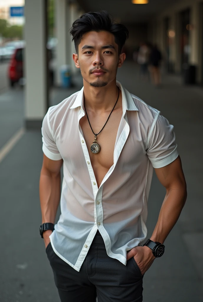 Asian man(korean,vietnamese,chinese,Japanese), 18 years old, Handsome and elegant,beardless, Wearing a transparent shirt, sexy , Masculine and handsome,musculous,Muscles look good,hairy bodies, with fair skin,, Full body photo,(ultra-detailed, photorealistic, best quality, 4k, 8k, highres, masterpiece:1.3), charming , (muscular build body), with the top button casually undone, perfectly fitted charcoal trousers, sweat, unbutton buttons shirt, lewd face ,tight chest, sex, erotic, horny, Accessories include a luxury wristwatch , in crowded places,looking at viewer,muscle veins, sexy posing,lying on the ground,top view,,No underwear,lewd smile,erection