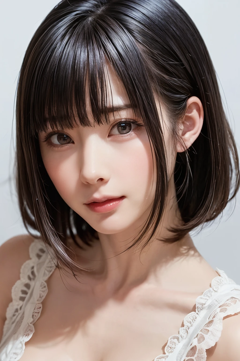 ((masterpiece, Highest quality, High resolution、Realisticですべてが美しく詳細に描かれている)), 1 girl, (Realistic: 1.4), alone, White Background, snow-White Background, Mouth closed, smile, smile, Beautiful black hair, short hair, Big eyes, Transparent double eyelids, eyelash, Listen carefully, Long neck, 美しくLong neck, Absolute area, ((Face close-up)), (Draw the whole head, shoulder), 19 years old, Attractive proportions, Glowing Skin, Beautiful clavicle, Golden ratio face, Perfect Face, Teardrop-shaped mole, chestのほくろ, bangs, clean bangs, beautiful bangs, Lip gloss, Thin lips, Fair skin, naked, Big Breasts, {Huge|big|Hugeな|Mega} chest:2, chestの谷間:2,chestの谷間を見せる、Small face, Small face, All the heads are painted, shoulder all drawn, Point slightly above the camera