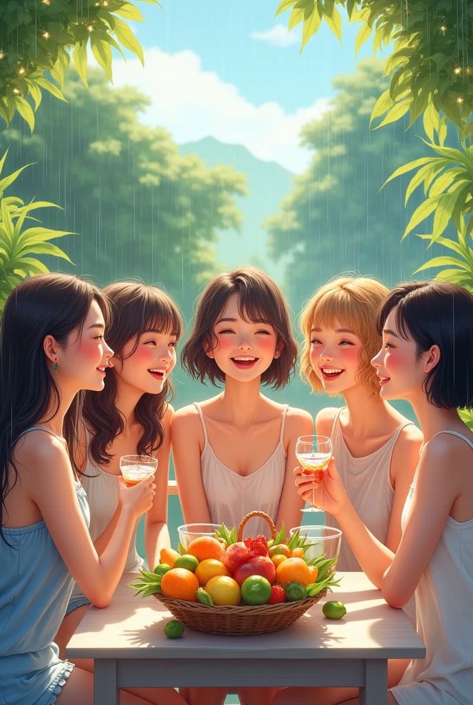 5 beautiful girls smiley face in balcony, table and basket full of fruits, girl eating fruit , enjoying, rain outside