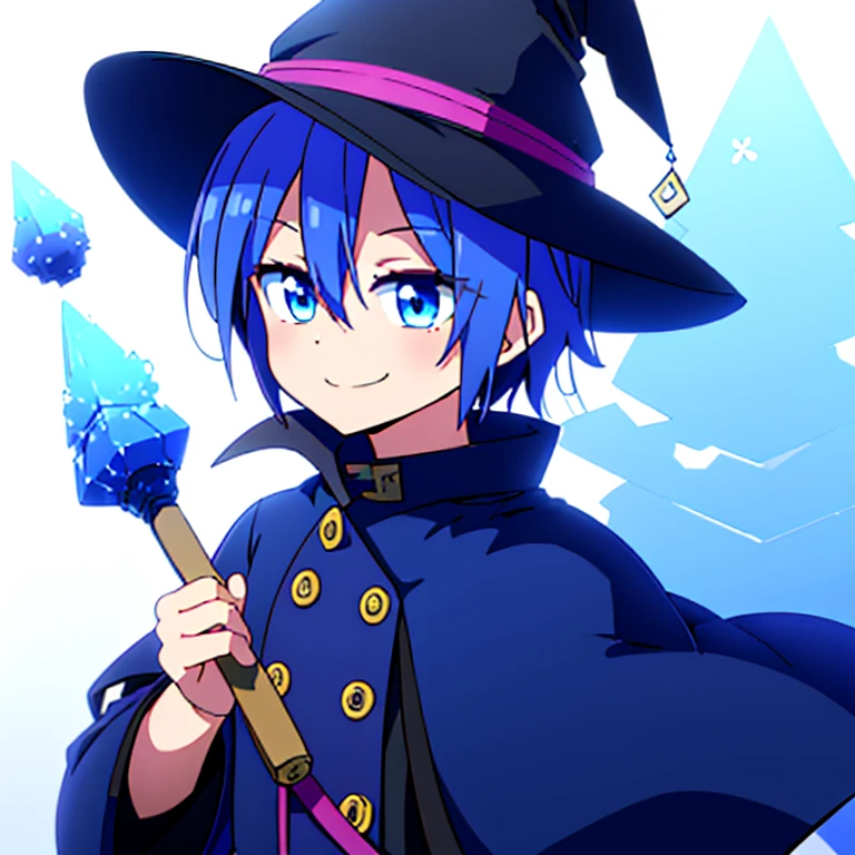 blue eyes、dark blue hair、male、Shortcuts、Round eyes、smiling、anime風、anime、White background、Witch Hat、Short Hair、boy
