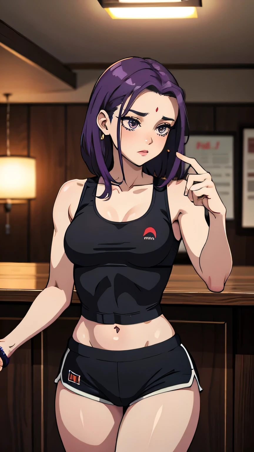 (cowboy shot), (masterpiece, best_quality, detailed, immaculate:1.3), epic, illustration,Anime Style
BREAK
ArtemisYJ,medium hair,purple Hair,makeup,
extremely detailed clothing fabric(Black sports bra , shorts),extremely detailed dress ,small breast,earrings ,
BREAK
(Night, Bar, indoors,)