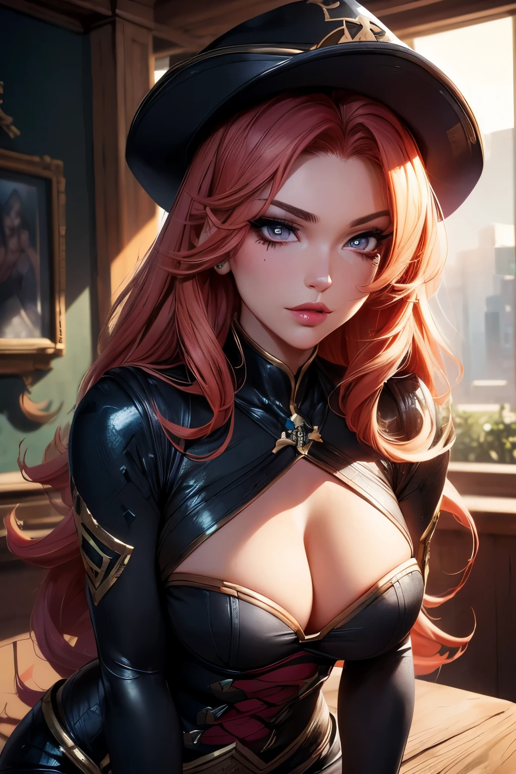 Miss Fortune, (((work of art))), (((best qualityer: 1.4))), ((super detaill: 1.4)), perfect body, fit, beautiful exotic features, hyper-detailed facial features, expressive face, detailed textures, shader de pele natural, volumetrics, warm tones under your skin, ultra-high resolution