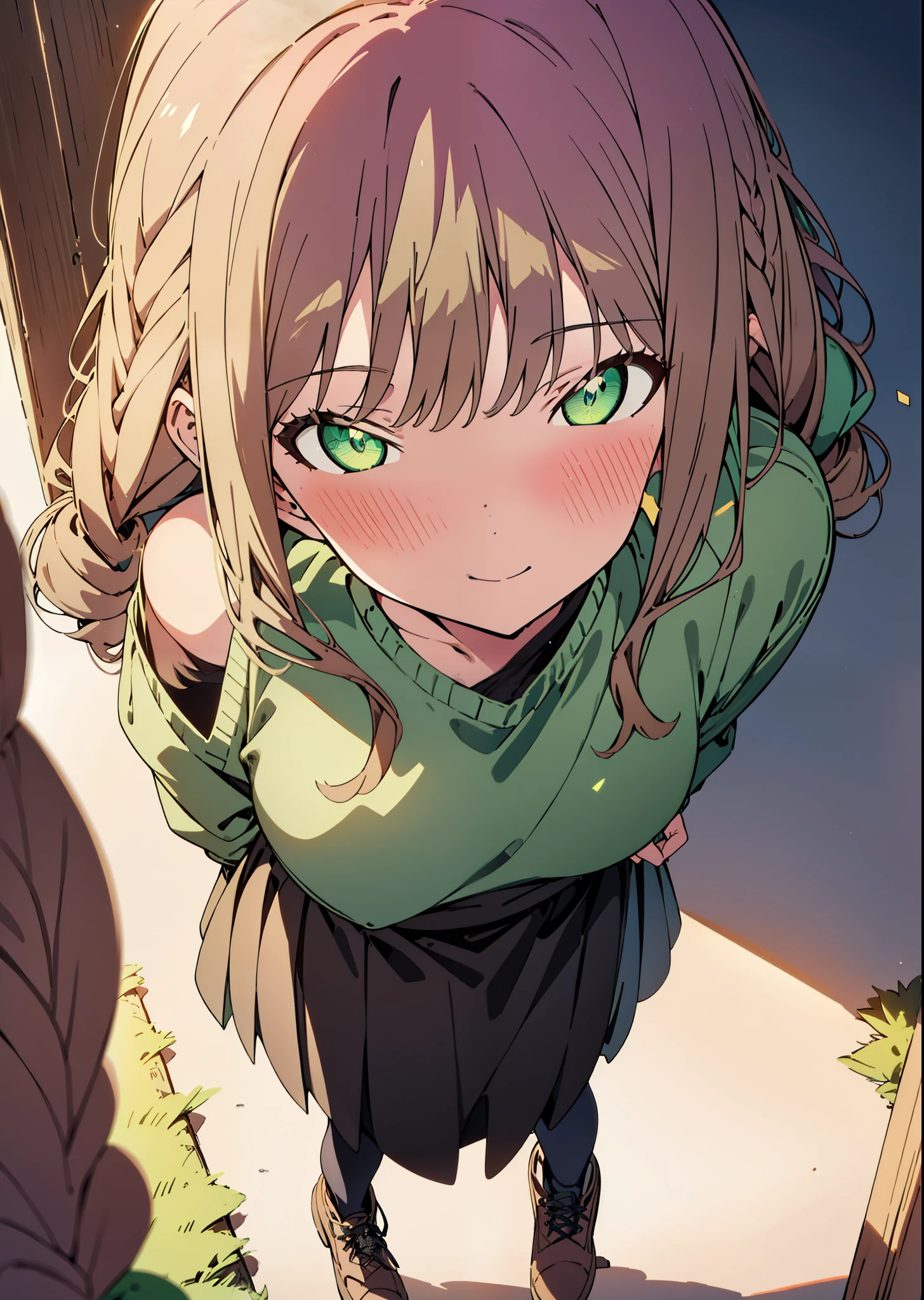 minami yume ,sss Dynazenon ,Long, thick braids, Brown Hair, smile,blush,(Green Eyes:1.5) ,Medium Breast,hair band,One-shoulder sweater,Long skirt,Black pantyhose,short boots,Walking,Daytime,Clear skies,whole bodyがイラストに入るように,
break looking at viewer, whole body,
break outdoors, Building district,
break (masterpiece:1.2), Highest quality, High resolution, unity 8k wallpaper, (shape:0.8), (Beautiful and beautiful eyes:1.6), Highly detailed face, Perfect lighting, Extremely detailed CG, (Perfect hands, Perfect Anatomy),