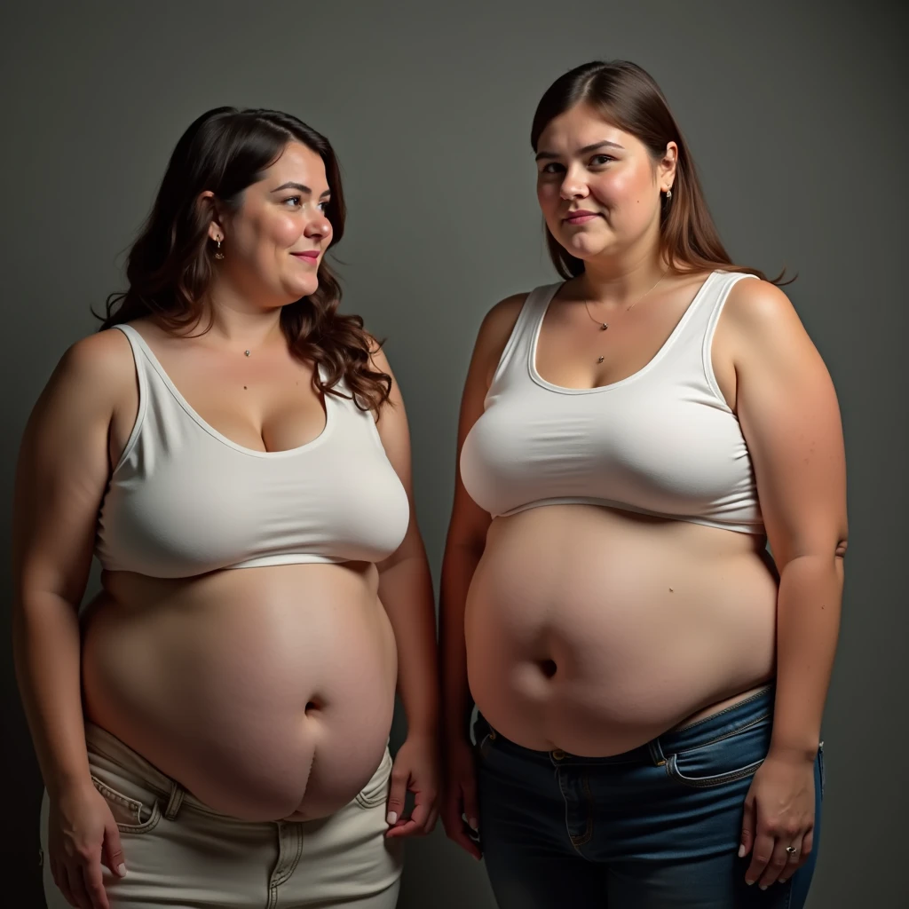 Two women are obese and overweight, weighing 300kg, with a lot of belly fat, they are obese with very large bellies, they have eaten too much and their bellies are bloated and covered with a lot of fat, 4K quality, low angle