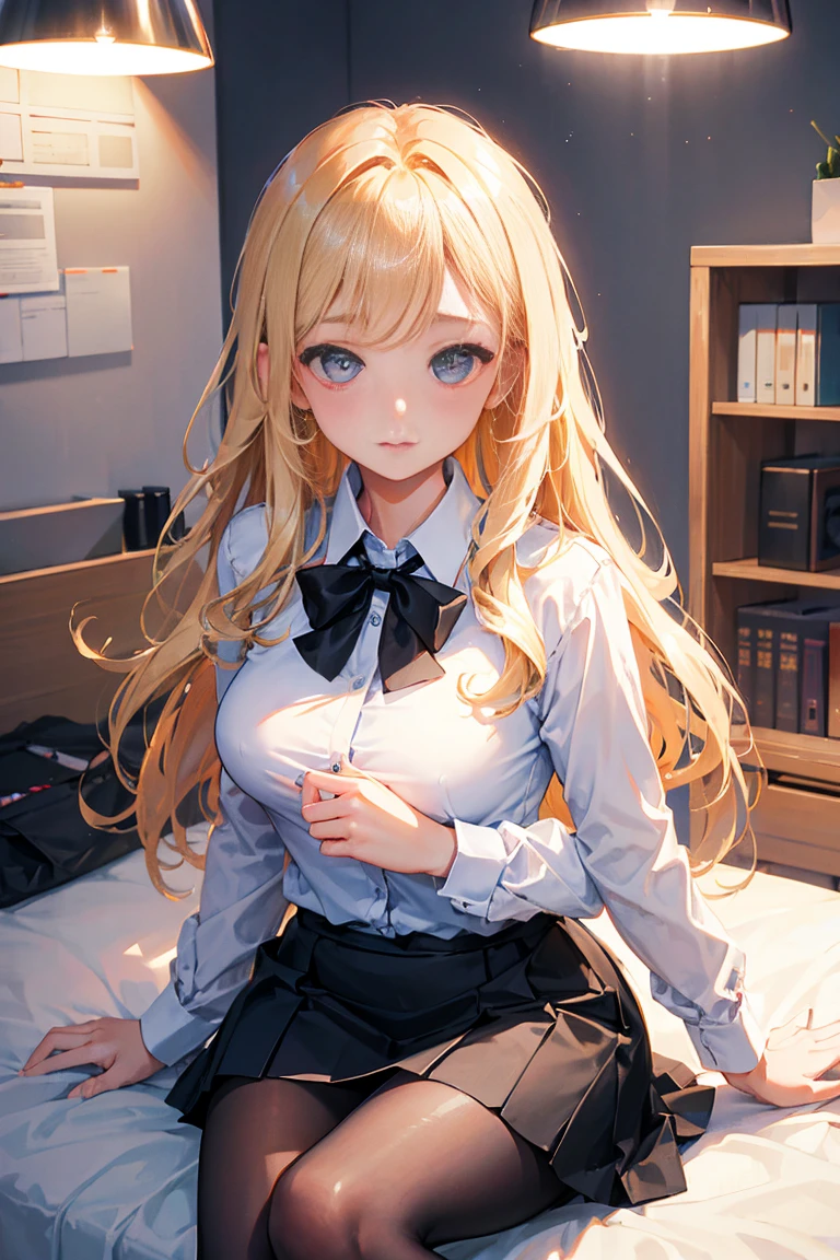 Highest quality、Highest Resolution、Highest quality、８Ｋ、Beautiful images、One beautiful woman、Beautiful woman、Delicate face、night、Bedroom、wake up、Awake、POV shot、Long blonde、Office Suits、short black office skirt