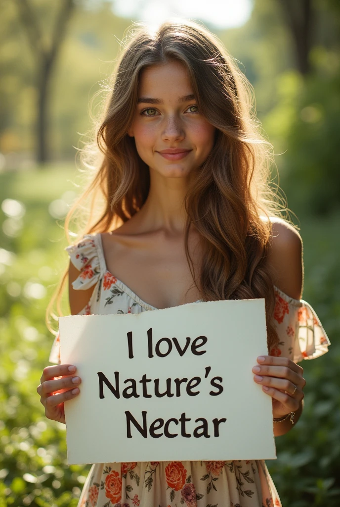Beautiful girl with wavy long hair, bohemian dress, holding a white board with text "I love Nature's Nectar " and showing it to the viewer