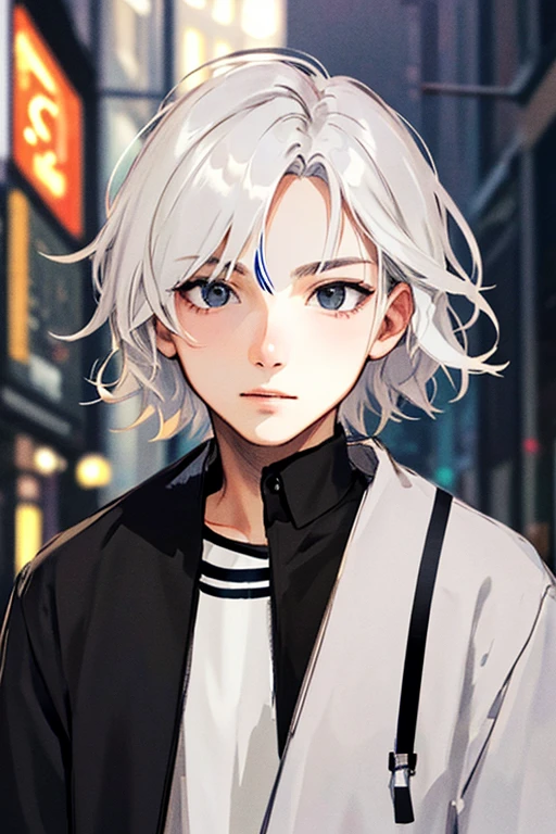 ((masterpiece)), (((best quality))), chromatic lighting,
colorized, white + black limited color palette, 
detailed concept drawing,
Shibuya street fashion guy, no weird object on his face,
portrait, 20yo 1guy, slender, short white hair, black eyes,