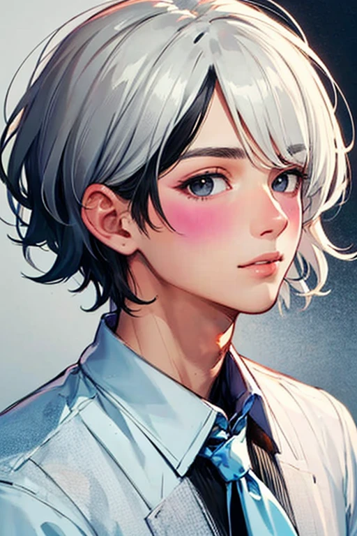 ((masterpiece)), (((best quality))), chromatic lighting,
colorized, white + black limited color palette,
detailed concept drawing,
Shibuya street fashion guy, no weird object on his face,
portrait, 20yo 1guy, slender, short white hair, black eyes,