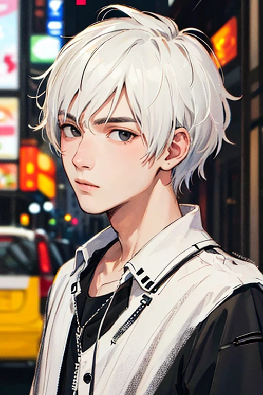 ((masterpiece)), (((best quality))), chromatic lighting,
colorized, white + black limited color palette, 
detailed concept drawing,
Shibuya street fashion guy, no weird object on his face,
portrait, 20yo 1guy, slender, short white hair, black eyes,