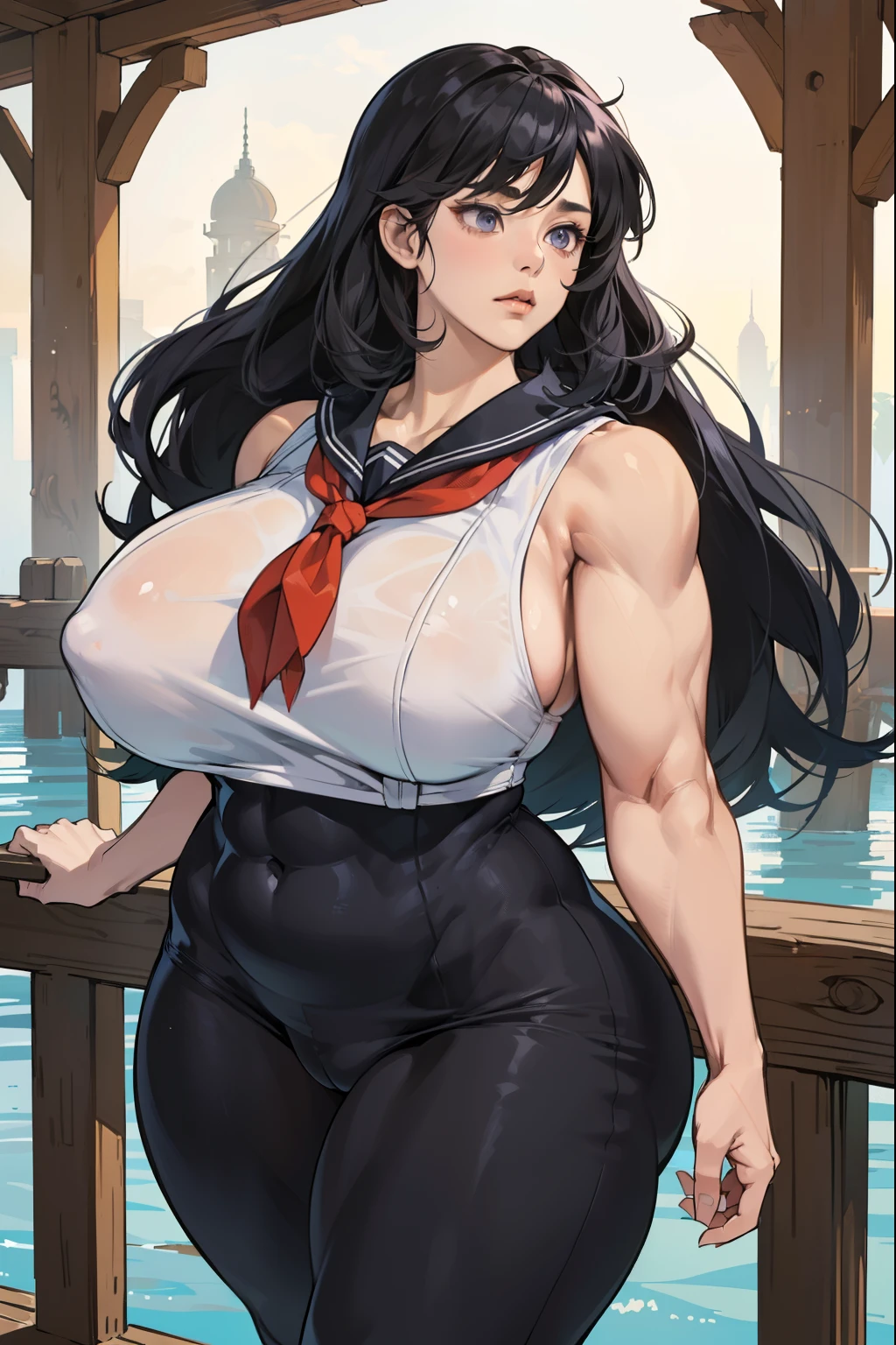(((((Black woman, Muscular))))), ((thick thighs, 非常にLarge Breasts,、Strong Body、), Black Hair、Long Hair、, alone, Glowing Skin, it was foggy, ,Bridge pier, Bristles,Are standing、Big body women、naked,Strong Body、pubic hair,Muscular in the forest,Composition from the front,Muscular and wide hips,Muscular and wide torso,Muscularの, Widebody,thick, Muscularの腕,thick, Muscularの脚,Muscular and broad shoulders,bodybuilder,nakedの美しい女性,Large Breasts,long, saggy breasts,,Deep purple eyes,Woman with beautiful face,Expressionless,,,Strong Woman,Right in front of the viewer,,Muscular女性,Big body and broad shoulders,thick Women,,sexy,Stand in front,正面にAre standing女性,A woman standing directly in front,真っ直ぐにAre standing,Fat woman,Fleshy ladies,Plump woman,Chubby woman,,A woman in a tight sailor suit、Black Skin Woman