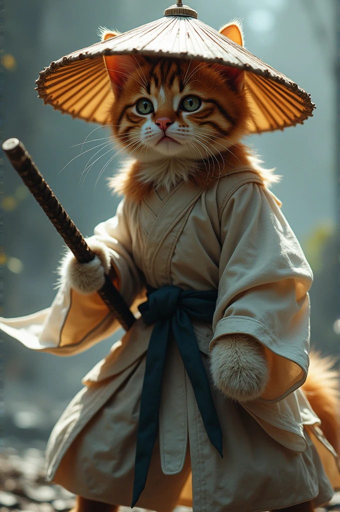 Create an image of a cat standing upright in traditional East Asian attire, wearing a wide bamboo hat on the head, wielding a sword with its right paw extended forward in an assertive stance ( Close-up of the face ), set against a misty backdrop to convey an atmosphere of ancient martial arts mastery.
Cute cat all over